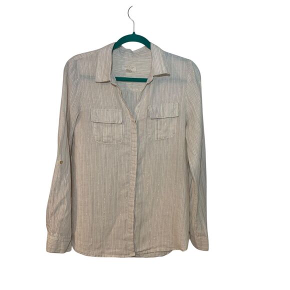 Charter Club Tops - Charter Club Womens Cream Gold Metallic Button Linen Shirt M Vacation Beach